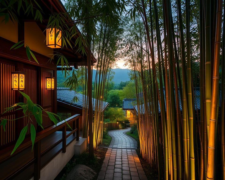A serene accommodation nestled close to a lush bamboo forest in Japan. In the foreground, traditional wooden structures of a ryokan with sliding shoji doors, elegantly designed with lanterns glowing softly at dusk. The middle ground features gently swaying bamboo stalks, their leaves rustling in the breeze, creating an atmosphere of tranquility. In the background, softly lit trails meander through the bamboo, leading to misty mountains in twilight hues. The scene is bathed in warm golden light from a setting sun, adding a magical ambiance. Capture this scene with a wide-angle lens to emphasize depth, showcasing the harmonious blend of nature and traditional architecture. The mood should evoke a sense of peaceful retreat and connection to nature.