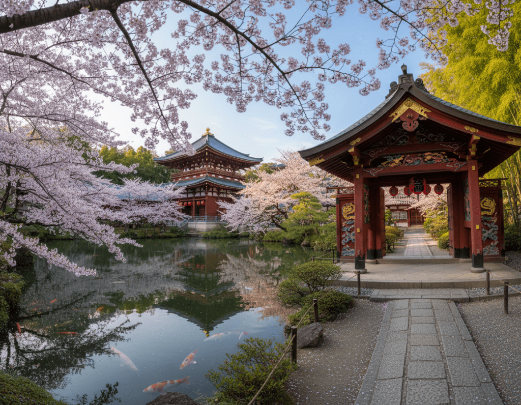 A serene and picturesque scene of a traditional Kyoto temple surrounded by lush greenery and cherry blossom trees in full bloom. In the foreground, a tranquil stone pathway leads to the ornate entrance of the temple, adorned with intricate wooden carvings. The middle ground features a reflective pond with koi fish swimming gracefully, framed by vibrant pink blossoms. In the background, the temple’s iconic curved roof and colorful lanterns contrast beautifully against a clear blue sky, illuminated by soft, warm sunlight. Capture this scene with a wide-angle lens to emphasize the depth and peaceful atmosphere, evoking a sense of ancient Japanese culture and tranquility.