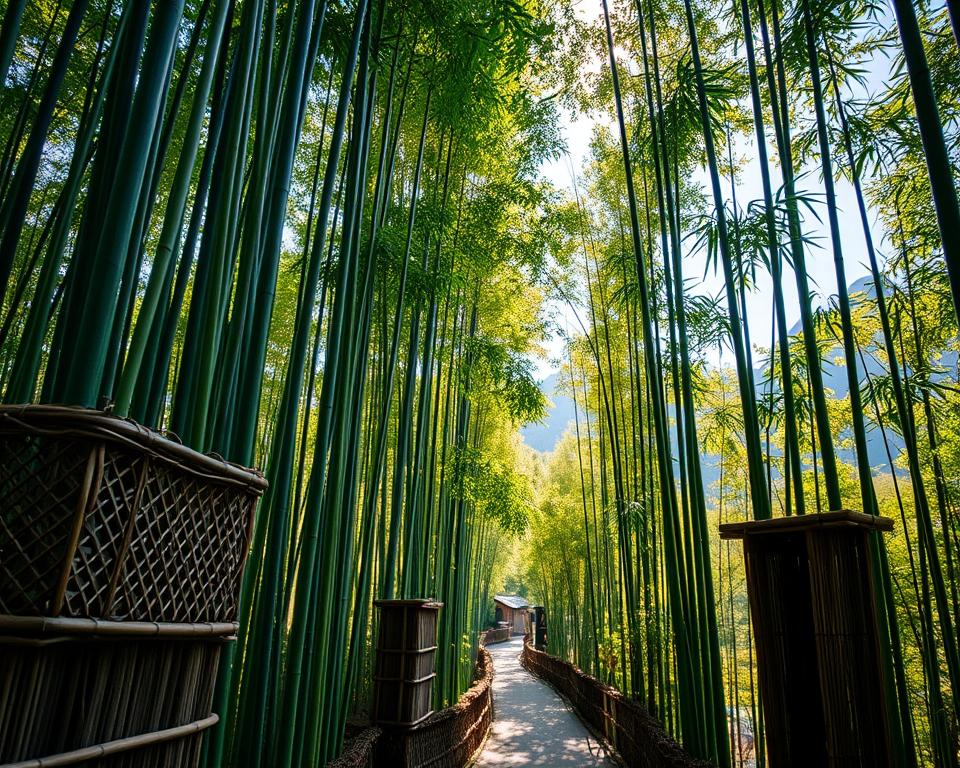 A serene bamboo forest in Japan bathed in gentle, dappled sunlight filtering through the tall, vibrant green stalks. The foreground features intricately woven bamboo structures, symbolizing traditional Japanese craftsmanship. In the middle ground, a tranquil pathway meanders through the dense bamboo, inviting exploration. The background showcases softly blurred mountains under a clear blue sky, adding depth. The atmosphere is peaceful and meditative, evoking a sense of connection to nature and history. The lighting is warm, highlighting the textures of the bamboo and creating an inviting ambiance. A wide-angle view captures the grandeur of the bamboo forest, allowing viewers to immerse themselves in this enchanting scene, rich in culture and significance.