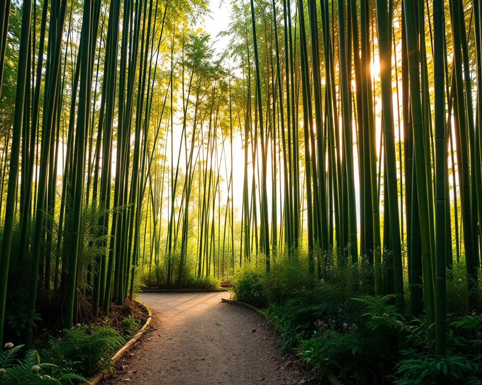 A serene bamboo forest in Japan during the best travel season, showcasing vibrant green bamboo stalks reaching towards the sky. In the foreground, a softly winding dirt path is framed by lush ferns and delicate wildflowers, inviting exploration. In the middle ground, the towering bamboo creates a dense canopy, filtering the warm sunlight that dapples the ground, casting gentle shadows. In the background, faint hints of distant mountains peek through the bamboo grove, bathed in soft golden light, suggesting an early morning or late afternoon ambiance. The scene is tranquil and enchanting, evoking a sense of peace and harmony with nature, perfect for highlighting the magic of this unique environment.