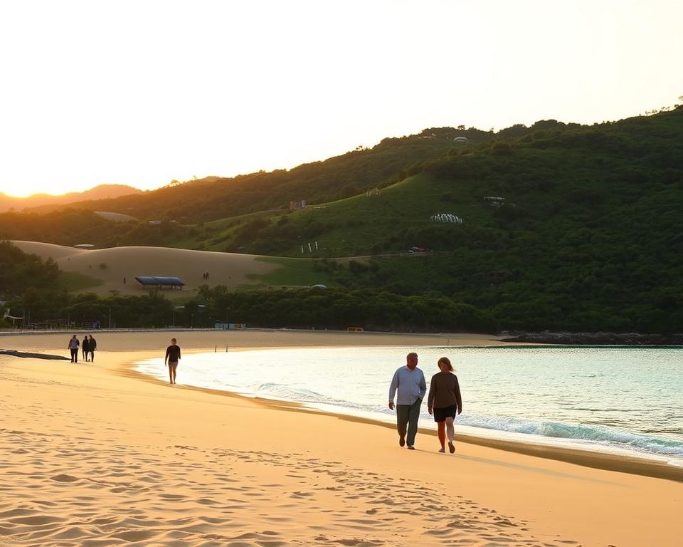 A serene beach scene on Naoshima Island, showcasing soft golden sands gently lapped by turquoise waters. In the foreground, a few people in modest, casual clothing stroll along the shore, engaging in conversation and admiring the view. The middle ground features smooth, undulating hills covered in lush greenery, with art installations subtly integrated into the landscape. In the background, the sun sets behind distant islands, casting warm, golden light across the scene and enhancing the tranquil atmosphere. The sky is painted in hues of orange and pink, reflecting on the water’s surface. The composition captures a sense of calm and an invitation to explore the natural beauty and artistic spirit of Naoshima, providing a perfect balance of landscape and human connection.