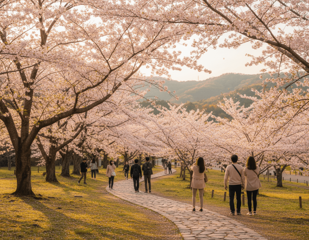 A serene landscape capturing the essence of "kirschblüte" (cherry blossom) season in Japan. In the foreground, delicate pink cherry blossom trees are in full bloom, their petals softly cascading down. The middle ground features a tranquil park path lined with cherry trees, inviting visitors to stroll beneath the blossoms. In the background, gently rolling hills are dotted with green foliage, creating a harmonious contrast. The scene is bathed in warm, golden sunlight, suggesting an early spring afternoon, and the soft focus enhances the dreamy atmosphere. A few people in modest casual clothing can be seen enjoying the beauty, conveying a sense of peace and appreciation for nature. The composition is framed with a slightly low angle to emphasize the grandeur of the cherry blossoms overhead, inviting viewers into this picturesque moment of seasonal beauty.