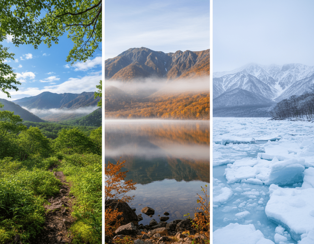 A serene landscape of Shiretoko National Park in Japan, showcasing the best travel times throughout the year: on the left, lush green summer foliage with a bright blue sky and sunlight filtering through the leaves; in the center, vibrant autumn colors with fiery orange and red leaves against a backdrop of gentle mountains; and on the right, a winter scene with dramatic ice floes in the foreground, showcasing the chilly beauty of frozen landscapes. Soft, diffused lighting enhances the natural colors and textures, while a slight mist adds a mystical atmosphere. Capture this stunning vista from a low angle, allowing the foreground elements to draw the viewer in, leading the eye toward the majestic mountains in the background.