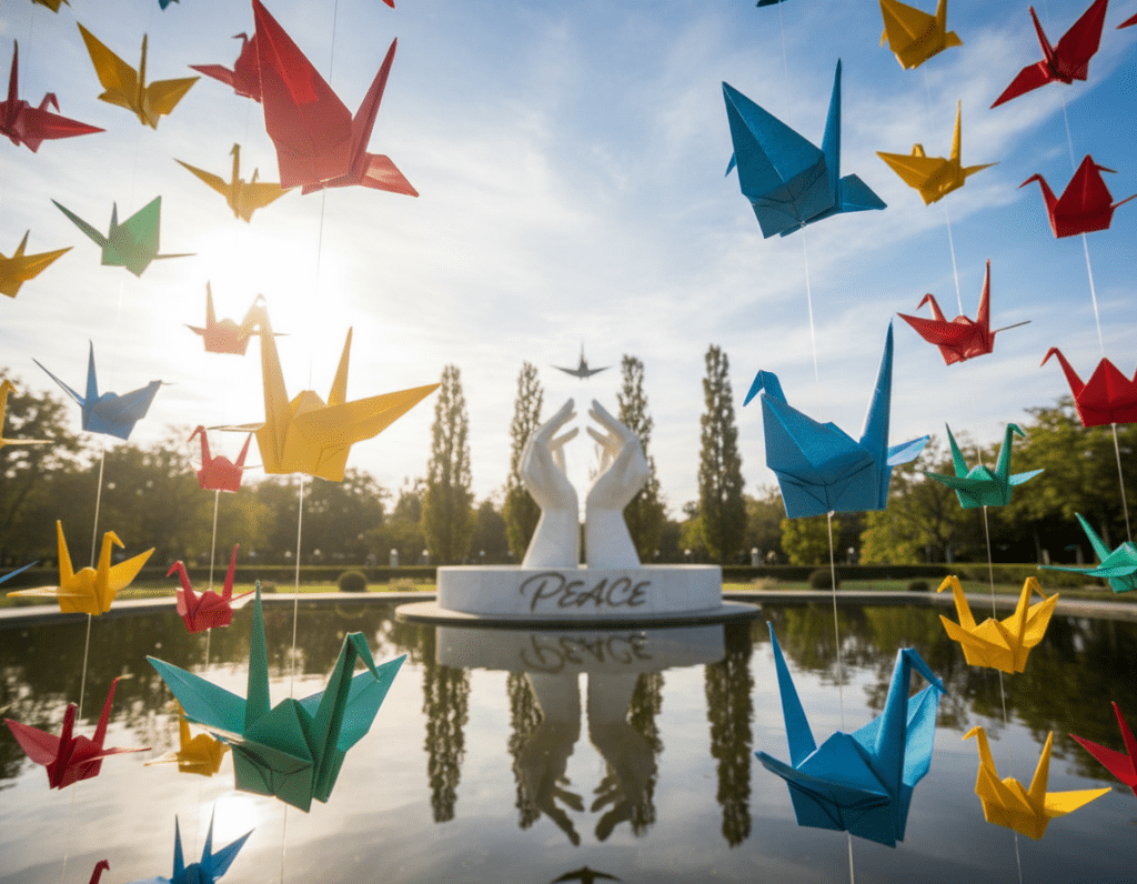 A serene scene featuring a multitude of colorful origami cranes, representing peace and hope, suspended in the air in a bright, natural light. In the foreground, delicate paper cranes of various hues—reds, blues, and yellows—flutter gently as if caught in a soft breeze. The middle ground showcases a tranquil pond reflecting trees and a beautifully crafted Peace Monument, which stands as a symbol of reconciliation. In the background, a clear blue sky fills the horizon, dotted with fluffy white clouds. The atmosphere should evoke a sense of calm and reflection, with the cranes subtly illuminated by golden sunlight, creating a warm and inviting mood. The composition is framed from a slightly low angle to emphasize the cranes and monument, with a soft focus on the background for depth.