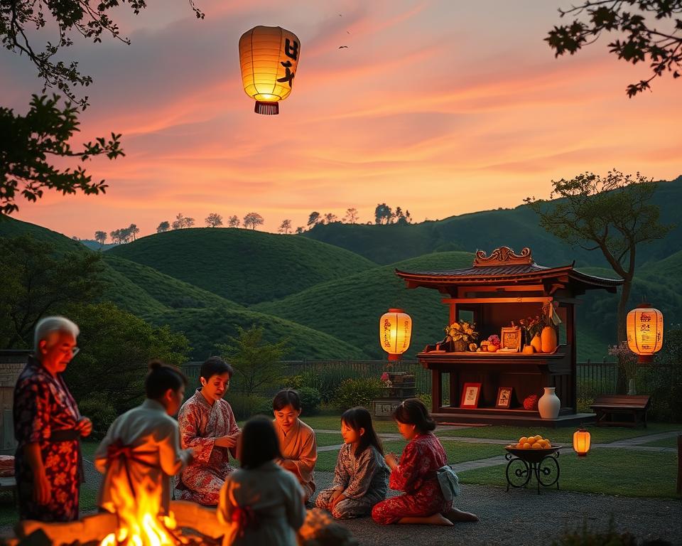 A serene scene of Obon in Japan, capturing a warm summer evening. In the foreground, a family dressed in traditional yukata gathers around a bonfire, their faces illuminated by the soft, flickering light. In the middle ground, paper lanterns float gracefully in the air, casting a gentle glow on the surroundings. Cherished ancestral altars adorned with fresh flowers and fruits sit nearby, symbolizing remembrance and honor. The background features lush green hills dotted with trees, under a twilight sky painted in shades of pink and orange, creating a peaceful and reflective atmosphere. The image should have a soft focus with a warm lighting effect, evoking a sense of nostalgia and family unity. A serene scene of Obon in Japan, capturing a warm summer evening. In the foreground, a family dressed in traditional yukata gathers around a bonfire, their faces illuminated by the soft, flickering light. In the middle ground, paper lanterns float gracefully in the air, casting a gentle glow on the surroundings. Cherished ancestral altars adorned with fresh flowers and fruits sit nearby, symbolizing remembrance and honor. The background features lush green hills dotted with trees, under a twilight sky painted in shades of pink and orange, creating a peaceful and reflective atmosphere. The image should have a soft focus with a warm lighting effect, evoking a sense of nostalgia and family unity.