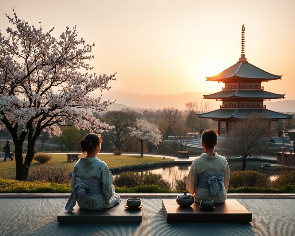 A serene scene reflecting Japanese culture and history, featuring a tranquil traditional tea ceremony in the foreground with two individuals dressed in modest kimonos, showcasing cultural heritage. In the middle ground, a picturesque Japanese garden with cherry blossom trees in full bloom and a tranquil koi pond, symbolizing peace and harmony. The background features a historic pagoda and distant mountains under a soft, golden sunset, casting warm ambient light across the scene, creating an inviting atmosphere. The composition should be captured from a slightly elevated angle to encompass the beauty of the entire landscape, evoking a sense of tranquility and cultural richness.