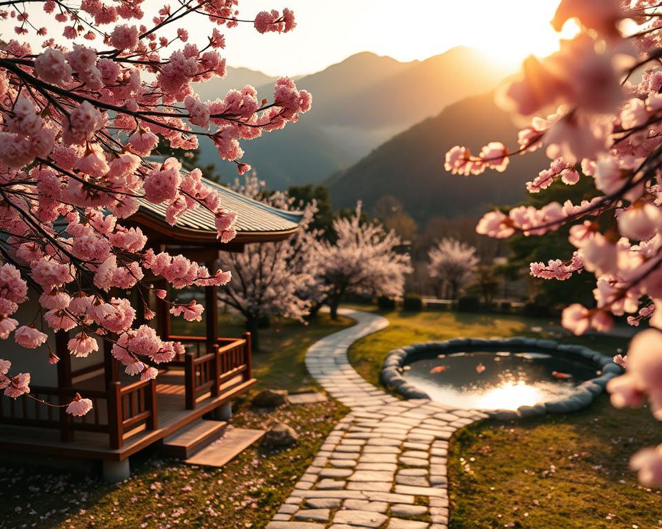A serene scene showcasing the essence of Japan's rich culture. In the foreground, a traditional wooden teahouse surrounded by vibrant cherry blossoms in full bloom, petals gently falling to the ground. The middle ground features a winding stone path leading to a tranquil koi pond, with colorful koi fish swimming gracefully. In the background, majestic mountains covered in lush greenery under a soft, golden sunrise, casting a warm light over the landscape. The atmosphere is calm and reflective, inviting viewers to immerse themselves in the cultural experience. The composition is shot from a low angle, emphasizing the beauty of the teahouse and the cherry blossoms, with a slightly blurred depth of field to focus attention on the foreground elements.