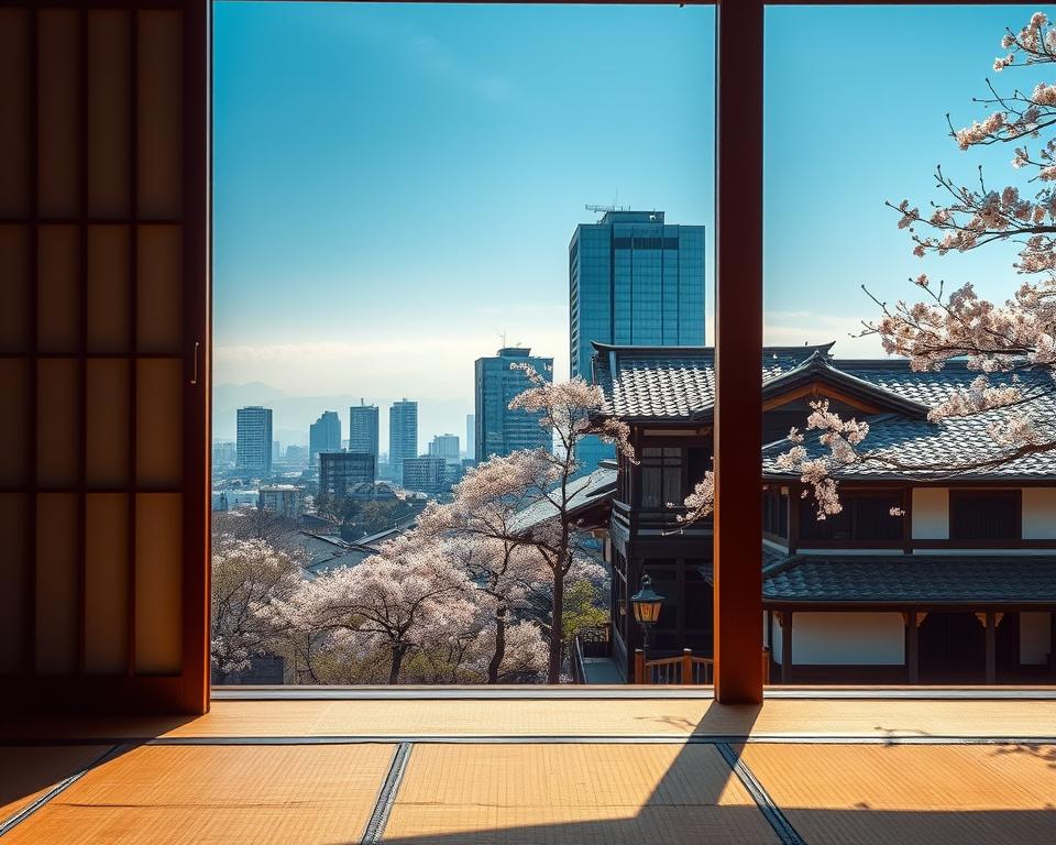 A serene scene showcasing traditional Japanese architecture blended with modern urban elements. In the foreground, a detailed tatami mat room with sliding shoji screens partially open, allowing a glimpse of a small Zen garden. The middle ground features a harmonious juxtaposition of modern skyscrapers and traditional wooden houses with tiled roofs framed by cherry blossom trees in full bloom, enhancing the cultural richness. In the background, a misty view of distant mountains under a clear blue sky, illuminating the scene with soft, natural light. The angle captures a perspective that emphasizes both the intricate details of the architecture and the peaceful ambiance of Japanese culture, evoking a sense of tranquility and timeless beauty.