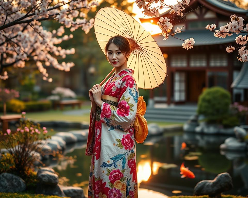 A serene scene showcasing traditional Japanese clothing, featuring a woman elegantly dressed in a vibrant kimono adorned with intricate floral patterns. She stands gracefully in the foreground, holding a delicate paper umbrella. The middle ground reveals a traditional Japanese garden, with lush greenery, blooming cherry blossoms, and a tranquil koi pond. The background displays a classic wooden teahouse, softly illuminated by warm, golden light as the sun sets, creating a peaceful and nostalgic atmosphere. The scene captures the essence of Japanese culture and tradition, evoking a sense of timeless beauty and serenity. Use a soft-focus lens to enhance the dreamlike quality, emphasizing the rich textures of the kimono and the gentle motions of nature. A serene scene showcasing traditional Japanese clothing, featuring a woman elegantly dressed in a vibrant kimono adorned with intricate floral patterns. She stands gracefully in the foreground, holding a delicate paper umbrella. The middle ground reveals a traditional Japanese garden, with lush greenery, blooming cherry blossoms, and a tranquil koi pond. The background displays a classic wooden teahouse, softly illuminated by warm, golden light as the sun sets, creating a peaceful and nostalgic atmosphere. The scene captures the essence of Japanese culture and tradition, evoking a sense of timeless beauty and serenity. Use a soft-focus lens to enhance the dreamlike quality, emphasizing the rich textures of the kimono and the gentle motions of nature.