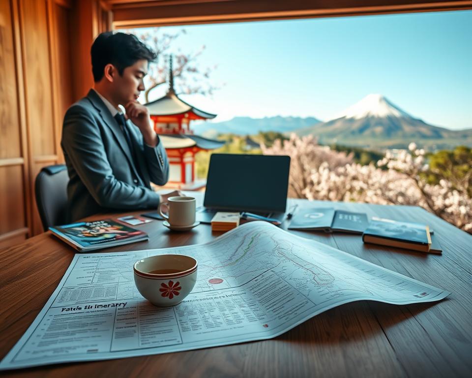 A serene travel scene illustrating the theme "Reisedauer Japan." In the foreground, a neat wooden table displays a detailed itinerary and a folded map of Japan, accompanied by a traditional Japanese teacup. In the middle ground, a person in casual yet professional attire thoughtfully examines the map, surrounded by travel guides and a laptop. The background features a scenic view of iconic Japanese landmarks, such as a tranquil temple with cherry blossom trees in full bloom and Mount Fuji under a clear blue sky. Soft, natural lighting enhances the warm atmosphere, conveying a sense of ease and contemplation as one plans their ideal trip. The perspective is slightly elevated, focusing on the planning process with a wide-angle view showcasing the beauty of Japan.