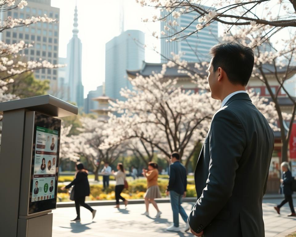A serene urban scene in Japan showcasing a blend of traditional and modern architecture. In the foreground, a well-dressed businessperson is observing a digital health information kiosk, dressed in a professional suit. The middle ground features a peaceful city park with cherry blossoms in full bloom, where people are engaging in outdoor activities; some are practicing tai chi, and others are strolling calmly. The background shows iconic skyscrapers and a glimpse of a historic temple, symbolizing safety and health in harmony. Soft, diffused morning sunlight filters through the trees, casting gentle shadows and creating a tranquil atmosphere. The angle captures depth, focusing on both human interaction and cultural elements, emphasizing a safe and welcoming environment in Japan.