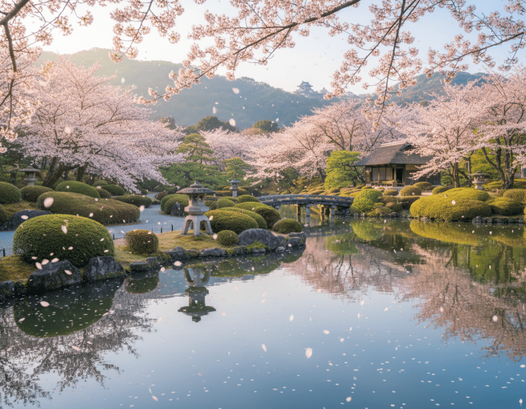 A serene view of Kanazawa's Kenrokuen Garden during spring, showcasing vibrant cherry blossoms in full bloom. In the foreground, delicate sakura petals drift gently through the air, while a calm pond reflects the beauty of the trees. The middle ground features traditional Japanese lanterns and meticulously trimmed shrubs, creating a picturesque scene of harmony and tranquility. In the background, the lush green hills and the distant outline of a historic structure add depth to the landscape. The lighting is soft and warm, indicative of a bright, sunny day, casting gentle shadows. Capture a tranquil atmosphere that invites viewers to immerse themselves in this historical treasure of Japan, focusing on nature's vivid colors and the garden's intricate design.