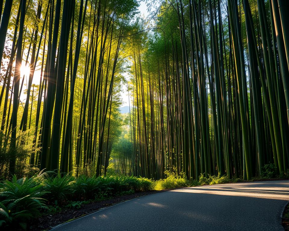 A serene view of the Arashiyama Bamboo Grove in Kyoto, Japan, captured during golden hour when soft sunlight filters through the towering green bamboo stalks. In the foreground, a peaceful path meanders, slightly obscured by lush ferns and delicate greenery. In the middle, the dense bamboo creates a mystical tunnel effect, with varying shades of green and hints of sunlight casting dappled patterns on the ground. In the background, the bamboo forest stretches endlessly, enveloping a distant mountain silhouette under a clear, blue sky. The atmosphere feels tranquil and enchanting, inviting contemplation and exploration. The composition is taken from a low angle, emphasizing the height of the bamboo and creating a sense of awe.