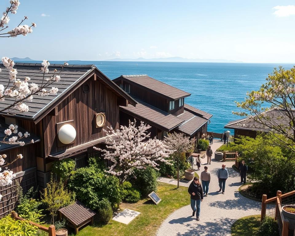 A serene view of the Art House Project in the Honmura district of Naoshima, Japan. In the foreground, traditional Japanese wooden houses, their aged facades adorned with modern art installations blending old and new. Lush greenery surrounds the houses, with blooming cherry blossoms adding a touch of softness. In the middle ground, visitors dressed in modest casual clothing explore the area, pausing to admire the artwork. The background features the tranquil blue waters of the Seto Inland Sea under a clear sky. Soft, diffused sunlight casts gentle shadows, creating a warm and inviting atmosphere. The composition is captured from a slightly elevated angle, emphasizing the harmony between art and tradition.