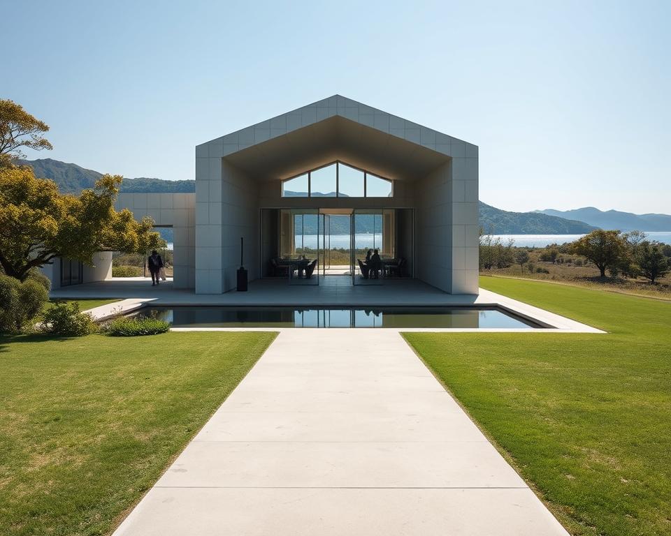 A serene view of the Chichu Art Museum, an architectural marvel seamlessly integrated into the landscape of Naoshima, Japan. In the foreground, a smooth concrete pathway leads the viewer toward the museum's entrance, framed by lush greenery and a tranquil reflection pond. In the middle ground, the museum's sleek, minimalist structure showcases large, strategically placed skylights allowing soft natural light to flood the interior, illuminating the artwork within. The background reveals gentle rolling hills, dotted with trees and the distant sea shimmering under a clear blue sky. The atmosphere is calm and contemplative, evoking a sense of harmony between nature and art. Use a wide-angle perspective to capture the full scale of the museum and its surroundings, with even, diffused lighting to enhance the serene mood.