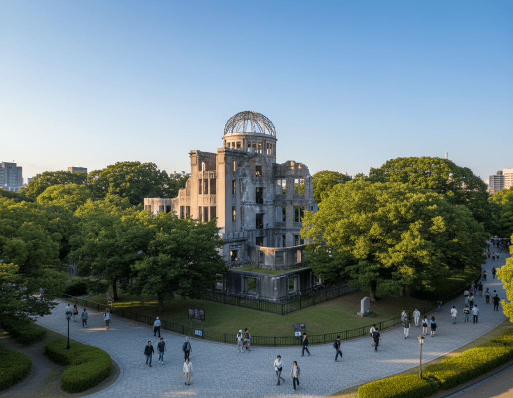 A serene view of the Hiroshima Peace Memorial, featuring the iconic A-Bomb Dome in the foreground, with lush green trees surrounding it. In the middle ground, soft sunlight filters through the leaves, casting dappled shadows on the pathways where visitors stroll, some dressed in modest casual clothing. In the background, a clear blue sky contrasts with the structure’s weathered stone, symbolizing resilience and hope. The scene captures the peaceful atmosphere of reflection, inviting contemplation and respect for history. Use a slightly elevated angle to emphasize the architectural details of the dome, and ensure the lighting is warm and inviting, evoking a sense of tranquility and remembrance. Aim for a balanced composition that highlights the memorial's significance.