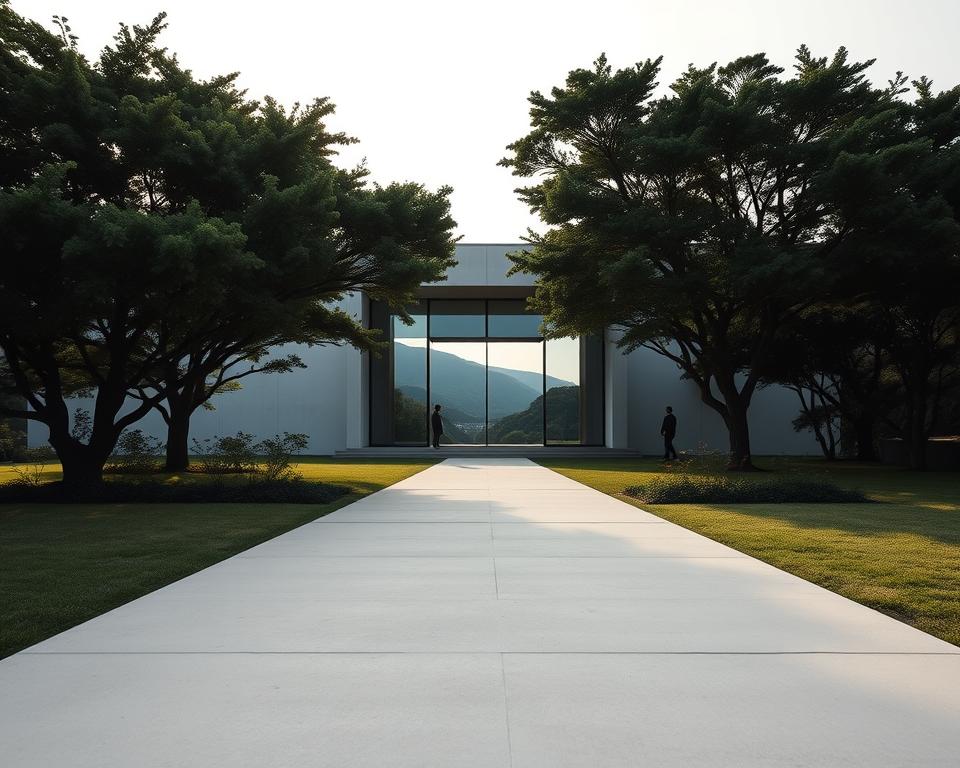 A serene view of the Lee Ufan Museum on Naoshima, Japan, showcasing its minimalist architecture. In the foreground, smooth concrete pathways lead visitors towards the museum's elegant entrance, framed by lush, native greenery. The middle ground features the building's signature white walls and large glass panels reflecting the surrounding landscape, creating a sense of harmony with nature. In the background, a tranquil sky with soft, diffused natural light bathes the scene, adding warmth and tranquility. Capture the essence of minimalism with a focus on the interplay of light and shadow, evoking a contemplative atmosphere that emphasizes the museum's artistic impact. The angle should be slightly tilted from a low perspective, inviting viewers into this serene environment.
