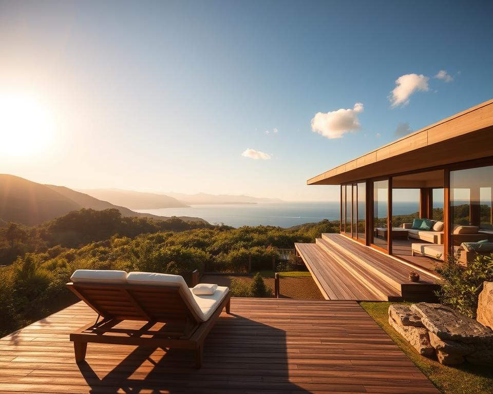 A serene view of the Naoshima accommodation, showcasing a modern, minimalist building surrounded by lush greenery and gentle hills. In the foreground, an inviting wooden deck features comfortable lounge chairs with soft cushions, overlooking a tranquil garden. The middle ground displays the sleek lines of the accommodation, characterized by large glass windows that reflect the surrounding nature, letting in warm, golden light of a late afternoon sun. The background presents a distant view of the shimmering Seto Inland Sea, under a clear blue sky dotted with a few soft clouds. The atmosphere is peaceful and artistic, embodying the essence of Naoshima as a cultural retreat. The lighting is warm and inviting, enhancing the beautiful textures of wood and stone in this picturesque setting, captured from a wide-angle perspective.