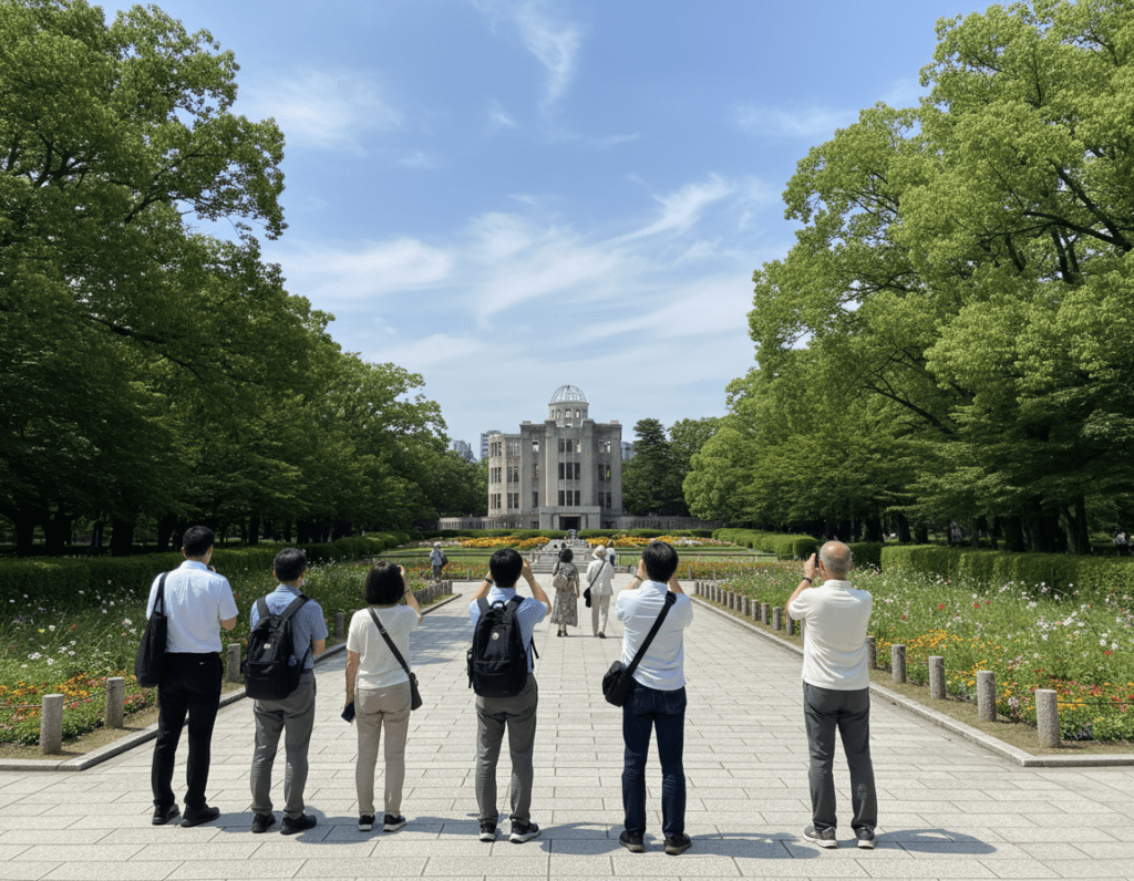 A serene view of the Peace Memorial Park in Hiroshima on a sunny day, capturing visitors strolling along neatly paved paths lined with vibrant green trees. In the foreground, a small group of people, dressed in modest casual attire, pause to take in the surroundings, some taking pictures of the iconic Peace Memorial. The middle ground features the striking Peace Memorial, an elegant white structure symbolizing hope and renewal, surrounded by meticulously maintained gardens filled with colorful flowers. In the background, a clear blue sky with soft, fluffy clouds enhances the tranquil atmosphere. The image should portray a sense of reflection and peace, evoking a feeling of solemnity and respect. Soft, natural lighting illuminates the scene, emphasizing the beauty of the park at midday.