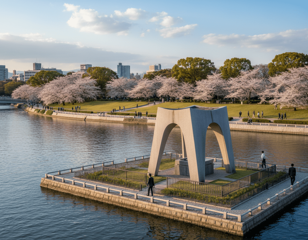 A serene view of the Peace Memorial in Hiroshima, situated within the tranquil surroundings of the Peace Memorial Park. In the foreground, a wide shot captures the iconic arched structure of the memorial, symbolizing hope and resilience, with gentle waves of the Motoyasu River reflecting sunlight. The middle ground features lush greenery, flowering cherry trees in bloom, and pathways frequented by peaceful visitors in professional attire, creating a sense of reverence. The background displays a clear blue sky, with soft, fluffy clouds, emphasizing the atmosphere of tranquility and contemplation. The lighting is warm and inviting, suggesting late afternoon golden hour, casting soft shadows that enhance the peaceful ambiance. The image conveys a sense of reflection, harmony, and remembrance without any text or distractions.