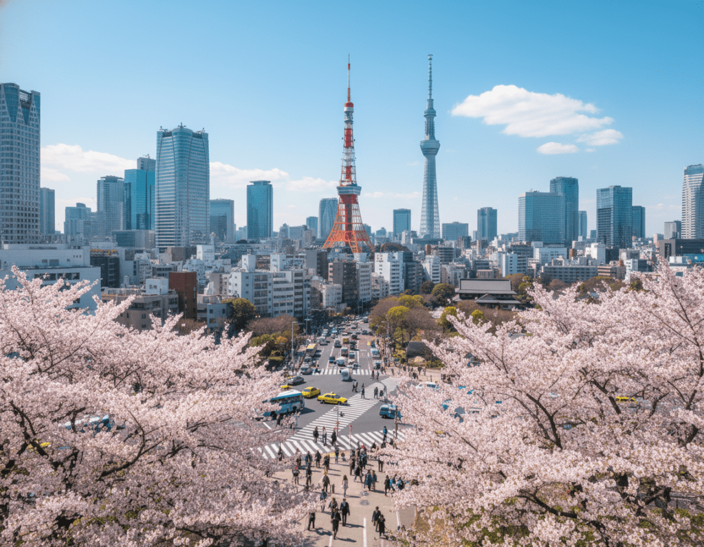 A stunning daytime view of Tokyo's skyline, showcasing iconic skyscrapers like the Tokyo Tower and the modern Tokyo Skytree, surrounded by vibrant districts. In the foreground, lush cherry blossom trees bloom, adding a burst of color to the scene. The middle ground features busy streets with pedestrians in professional business attire and modest casual clothing, bustling activity capturing the city's energy. The background reveals a bright blue sky dotted with fluffy white clouds, creating a cheerful atmosphere. Illuminate the scene with soft sunlight, highlighting the architectural details and creating playful shadows. Capture the image from a high vantage point, using a wide-angle lens to emphasize the grandeur of the cityscape and enhance depth of field.
