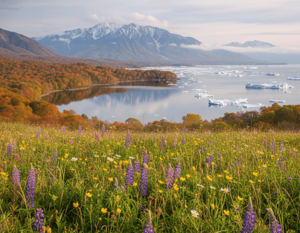 A stunning landscape of Shiretoko National Park, showcasing the best travel seasons: summer, autumn, and winter. In the foreground, vibrant wildflowers bloom in lush green meadows under bright sunlight, creating a lively atmosphere. The middle ground features a serene lake reflecting the colorful autumn foliage with shades of orange, red, and gold, surrounded by majestic mountains dusted with snow. In the background, a dramatic winter scene reveals a coastline with floating sea ice glimmering under pale blue skies. Soft, diffused light casts gentle shadows, enhancing the tranquility of the scene. The overall mood is peaceful and inviting, drawing viewers into the natural beauty of this unique destination. Capture the essence of seasonal transitions in a harmonious composition.