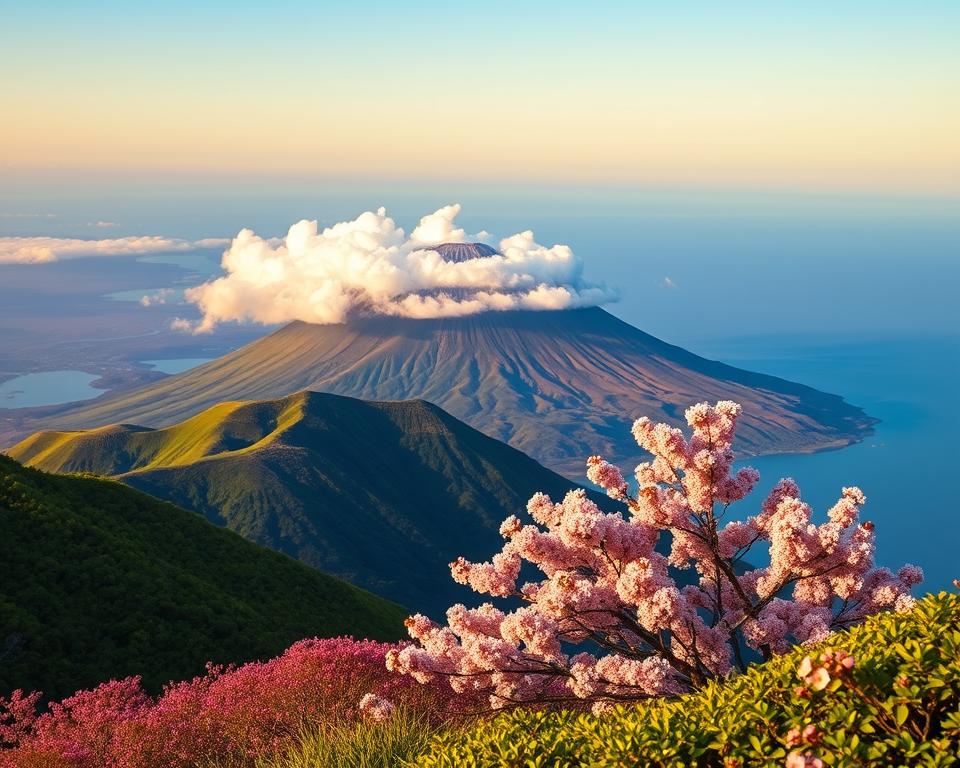 A stunning view of Sakurajima, Kyushu, during the best travel season, showcasing the vibrant landscape and calming atmosphere. In the foreground, lush green hills transition into soft, colorful cherry blossoms, highlighting the vibrancy of spring. The middle ground features a glimpse of the active volcano, partially shrouded in gentle white clouds that reflect the soft golden light of a sunrise. In the background, the serene blue waters of the Seto Inland Sea contrast with the warm colors of the sky, creating a harmonious setting. The scene is illuminated with soft, diffused sunlight, casting delicate shadows and enhancing the scenery's depth. The overall mood is peaceful and inviting, perfect for travelers seeking to explore this unique volcanic island.