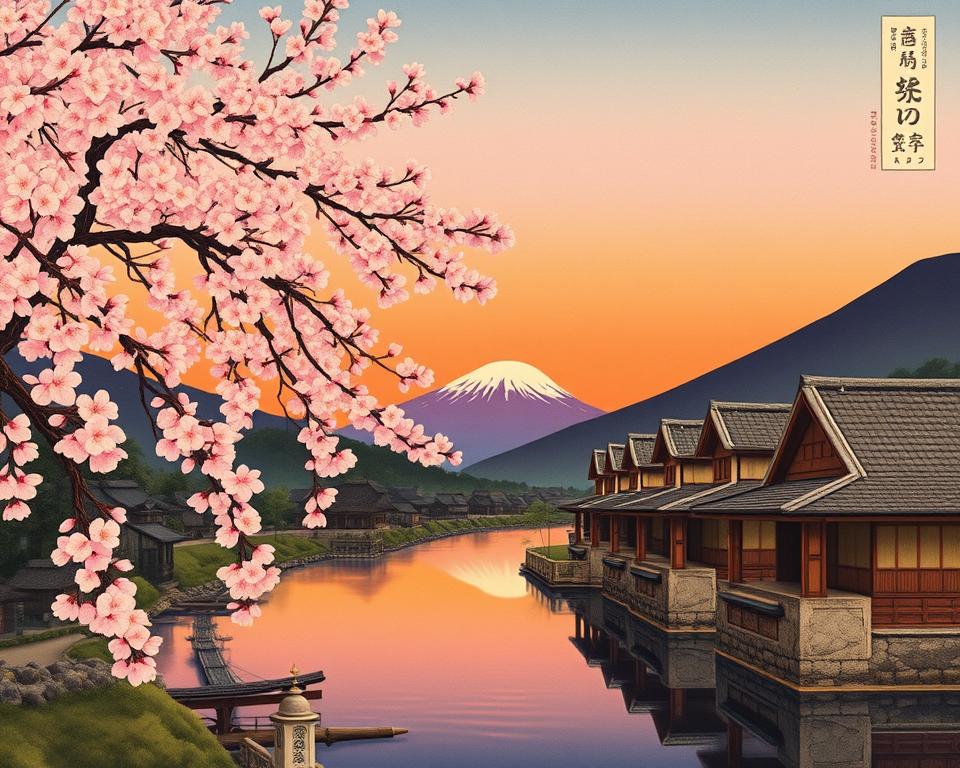 A traditional Ukiyo-e scene depicting a serene landscape in Japan, featuring a graceful cherry blossom tree in full bloom in the foreground, with delicate pink petals falling gently. In the middle, a tranquil river reflects the vibrant hues of the sunset, showcasing the orange and purple skies. Traditional Japanese houses with thatched roofs are positioned along the riverbanks, adding cultural authenticity. The background features rolling hills and snow-capped mountains, symbolizing Japan's natural beauty. The scene is illuminated by warm, soft lighting, creating a peaceful and nostalgic atmosphere. The perspective is slightly elevated, capturing the depth of the landscape while maintaining a focus on the intricate details of the Ukiyo-e style.