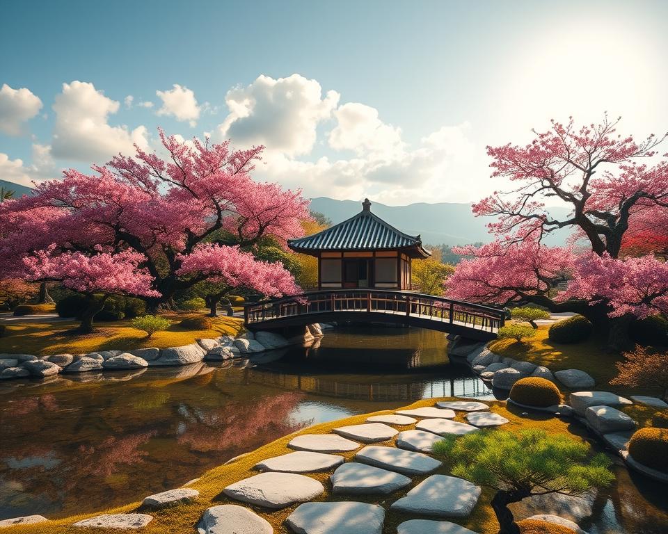 A tranquil Japanese garden in full bloom, showcasing traditional elements such as a koi pond surrounded by vibrant cherry blossom trees and meticulously pruned bonsai. In the foreground, smooth stones create a serene path leading to a wooden arched bridge, elegantly spanning over the water. The middle ground features a carefully designed tea house, adorned with sliding shoji doors, nestled among lush greenery. In the background, rolling hills create a peaceful backdrop under a bright blue sky with soft, fluffy clouds. The lighting is warm and inviting, reminiscent of late afternoon sun, casting gentle shadows and enhancing the rich colors of nature. The overall atmosphere is serene and harmonious, epitomizing the beauty of Japanese culture and architecture. A tranquil Japanese garden in full bloom, showcasing traditional elements such as a koi pond surrounded by vibrant cherry blossom trees and meticulously pruned bonsai. In the foreground, smooth stones create a serene path leading to a wooden arched bridge, elegantly spanning over the water. The middle ground features a carefully designed tea house, adorned with sliding shoji doors, nestled among lush greenery. In the background, rolling hills create a peaceful backdrop under a bright blue sky with soft, fluffy clouds. The lighting is warm and inviting, reminiscent of late afternoon sun, casting gentle shadows and enhancing the rich colors of nature. The overall atmosphere is serene and harmonious, epitomizing the beauty of Japanese culture and architecture.