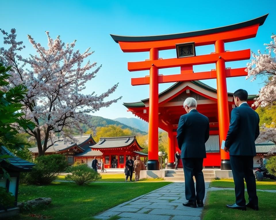 A tranquil Shinto shrine surrounded by lush green foliage and cherry blossom trees in full bloom. In the foreground, a small stone pathway leads visitors towards the shrine's vibrant red torii gate, which stands majestically against a clear blue sky. A couple of individuals in modest, professional attire respectfully bow as they approach the shrine, showcasing the etiquette of Japanese culture. The middle ground features traditional wooden temple structures with intricate architectural details, while the background presents distant hills adorned with greenery and soft sunlight filtering through the trees. The atmosphere is serene and reverent, with soft, diffused lighting to enhance the peacefulness of the scene, capturing the essence of respectful visits to sacred places in Japan.