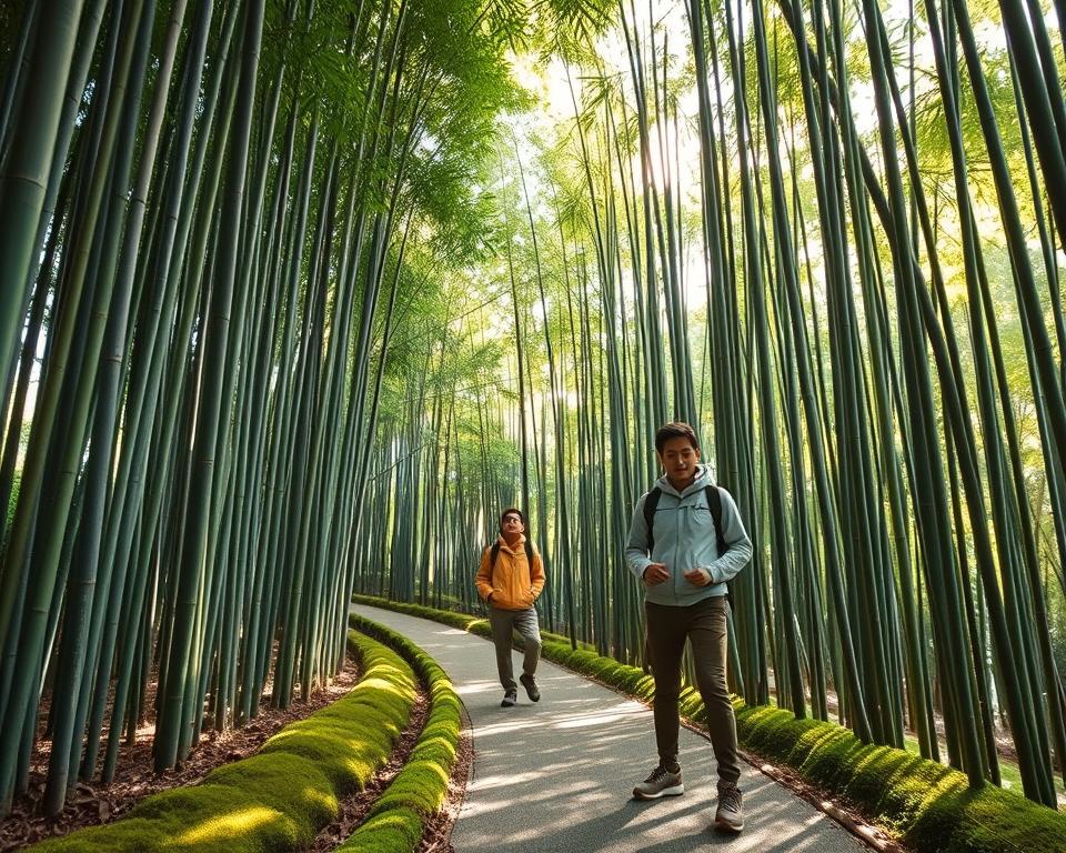 A tranquil bamboo forest in Japan, with tall, lush green bamboo stalks creating a serene canopy overhead. In the foreground, a couple of hikers are dressed in modest, breathable clothing suitable for a nature excursion, wearing light jackets and comfortable hiking shoes, showcasing practical attire for the tropical climate. The middle ground features a winding path covered in soft moss, inviting exploration. In the background, dappled sunlight filters through the bamboo leaves, casting soft shadows on the ground. The atmosphere is peaceful and mystical, with gentle rays of sunlight creating a warm glow. Capture the moment from a slightly elevated angle, using a soft focus lens to enhance the dreamy feel of this magical location.