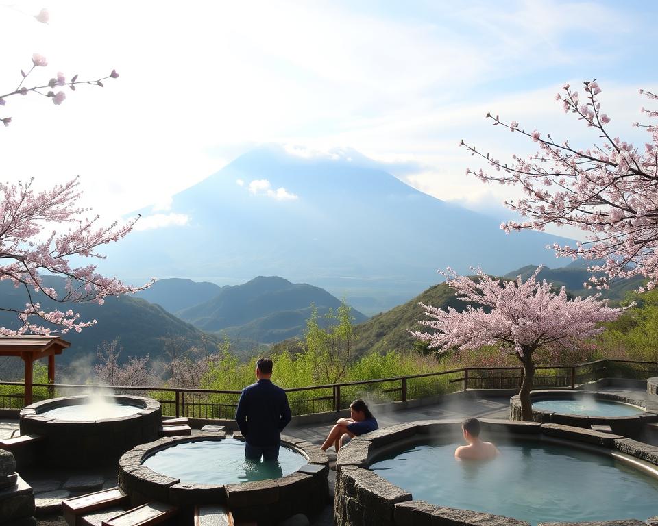 A tranquil scene of Vulkanblick Onsen, set against the majestic backdrop of Sakurajima volcano in Kyushu, Japan. In the foreground, steaming outdoor hot springs with natural stone surrounds invite relaxation, while a few individuals in modest casual clothing enjoy the serene atmosphere. In the middle ground, lush greenery and cherry blossom trees frame the scene, their pink petals gently drifting in the breeze. The background showcases the imposing silhouette of Sakurajima, partially shrouded in clouds, with soft sunlight illuminating the landscape, casting a warm glow. The mood is peaceful and rejuvenating, with a focus on harmony between nature and the volcanic landscape, captured with a wide-angle lens to enhance depth and perspective.