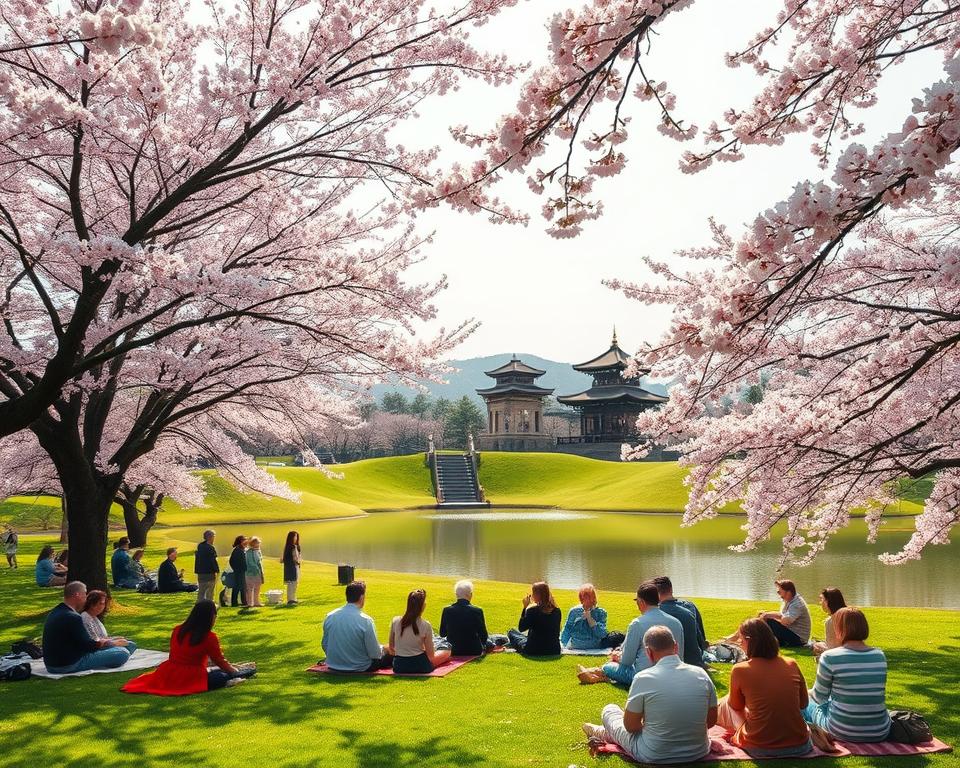 A tranquil scene of hanami in Japan, showcasing cherry blossoms in full bloom. In the foreground, people of diverse backgrounds are enjoying a picnic on a lush green lawn beneath stunning pink trees, dressed in modest casual clothing. The middle ground features a peaceful pond reflecting the cherry blossoms, surrounded by soft grassy hills. In the background, traditional Japanese architecture, such as a pagoda and tea house, peeks through the trees, adding cultural richness to the landscape. The sky is clear with gentle sunlight filtering through the branches, creating a warm, inviting atmosphere. The perspective is slightly elevated, capturing the beauty of springtime renewal and the joy of nature. The overall mood is serene, celebrating the essence of renewal and connection with nature during the hanami season. A tranquil scene of hanami in Japan, showcasing cherry blossoms in full bloom. In the foreground, people of diverse backgrounds are enjoying a picnic on a lush green lawn beneath stunning pink trees, dressed in modest casual clothing. The middle ground features a peaceful pond reflecting the cherry blossoms, surrounded by soft grassy hills. In the background, traditional Japanese architecture, such as a pagoda and tea house, peeks through the trees, adding cultural richness to the landscape. The sky is clear with gentle sunlight filtering through the branches, creating a warm, inviting atmosphere. The perspective is slightly elevated, capturing the beauty of springtime renewal and the joy of nature. The overall mood is serene, celebrating the essence of renewal and connection with nature during the hanami season.