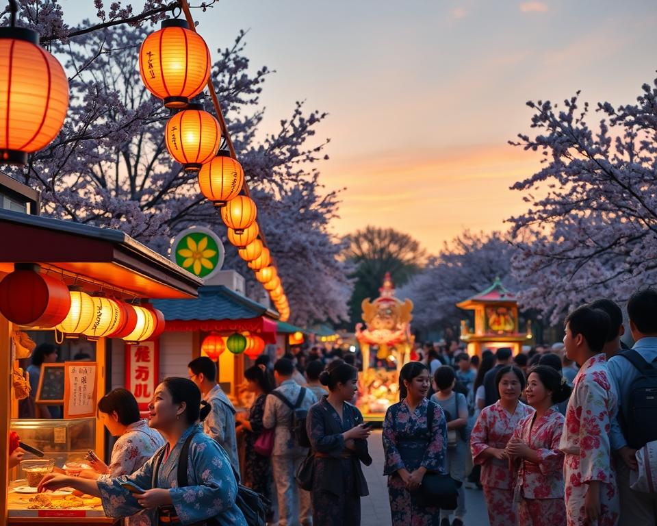 A vibrant Japanese matsuri scene during sunset, showcasing lively festival activities. In the foreground, people wearing traditional yukata engage in games and food stalls, their faces expressing joy and excitement. The middle ground features colorful paper lanterns illuminating the area, along with decorated floats adorned with flowers and intricate designs, as onlookers gather and capture memories. The background is a picturesque park with cherry blossom trees in full bloom, adding to the festive atmosphere. Soft, warm lighting bathes the scene, highlighting the festive decorations and creating a welcoming ambiance. The angle captures both the lively crowd and the stunning backdrop, evoking a sense of celebration and cultural richness typical of Japanese matsuri events. A vibrant Japanese matsuri scene during sunset, showcasing lively festival activities. In the foreground, people wearing traditional yukata engage in games and food stalls, their faces expressing joy and excitement. The middle ground features colorful paper lanterns illuminating the area, along with decorated floats adorned with flowers and intricate designs, as onlookers gather and capture memories. The background is a picturesque park with cherry blossom trees in full bloom, adding to the festive atmosphere. Soft, warm lighting bathes the scene, highlighting the festive decorations and creating a welcoming ambiance. The angle captures both the lively crowd and the stunning backdrop, evoking a sense of celebration and cultural richness typical of Japanese matsuri events.