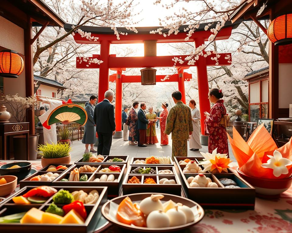 A vibrant New Year celebration in Japan, capturing traditional customs and rituals. In the foreground, a beautifully set table with colorful New Year's dishes called Osechi-ryori, featuring intricate bento boxes filled with symbolic foods such as fish, vegetables, and mochi. The middle layer shows a group of modestly dressed Japanese people, wearing elegant kimonos and hakama, participating in a Shinto shrine visit, offering prayers and ringing bells. In the background, a majestic torii gate framed by cherry blossoms, with soft morning light casting a warm, inviting glow. The overall atmosphere is festive and serene, emphasizing the joy and spirituality of the New Year traditions in Japan, with a focus on cultural significance. A vibrant New Year celebration in Japan, capturing traditional customs and rituals. In the foreground, a beautifully set table with colorful New Year's dishes called Osechi-ryori, featuring intricate bento boxes filled with symbolic foods such as fish, vegetables, and mochi. The middle layer shows a group of modestly dressed Japanese people, wearing elegant kimonos and hakama, participating in a Shinto shrine visit, offering prayers and ringing bells. In the background, a majestic torii gate framed by cherry blossoms, with soft morning light casting a warm, inviting glow. The overall atmosphere is festive and serene, emphasizing the joy and spirituality of the New Year traditions in Japan, with a focus on cultural significance.