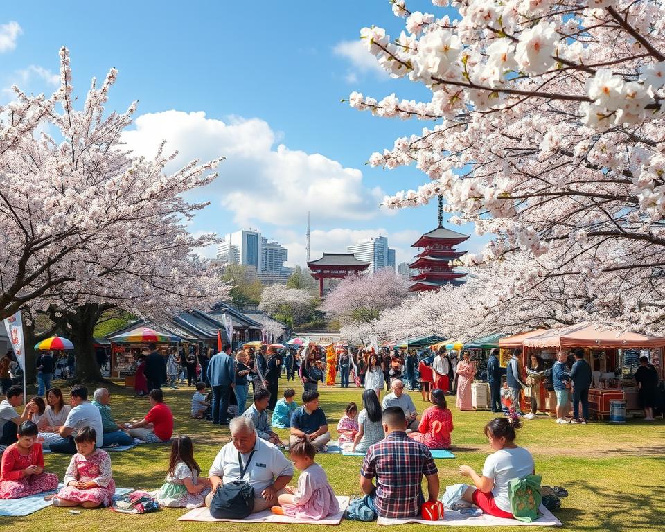 A vibrant and bustling scene depicting Japan's Golden Week, focusing on a traditional park filled with cherry blossom trees in full bloom. In the foreground, families enjoy leisurely picnics on blankets, dressed in modest casual clothing, with colorful kimonos adding to the festive atmosphere. In the middle ground, various stalls selling local delicacies and traditional crafts are set up, attracting crowds. The background features iconic Japanese landmarks, such as a temple or pagoda, framed by a clear blue sky filled with soft, fluffy clouds. The sunlight filters through the blossoms, casting gentle shadows. Shot with a wide-angle lens to capture the lively ambiance, emphasizing warmth and joy, encapsulating a sense of cultural celebration during this important holiday period. A vibrant and bustling scene depicting Japan's Golden Week, focusing on a traditional park filled with cherry blossom trees in full bloom. In the foreground, families enjoy leisurely picnics on blankets, dressed in modest casual clothing, with colorful kimonos adding to the festive atmosphere. In the middle ground, various stalls selling local delicacies and traditional crafts are set up, attracting crowds. The background features iconic Japanese landmarks, such as a temple or pagoda, framed by a clear blue sky filled with soft, fluffy clouds. The sunlight filters through the blossoms, casting gentle shadows. Shot with a wide-angle lens to capture the lively ambiance, emphasizing warmth and joy, encapsulating a sense of cultural celebration during this important holiday period.