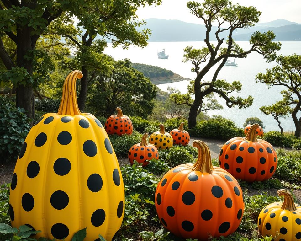 A vibrant and colorful scene featuring Yayoi Kusama's iconic pumpkin sculptures on Naoshima Island. In the foreground, a large, polka-dotted pumpkin stands proudly, its vivid yellow and black patterns contrasting against the lush greenery surrounding it. The middle ground includes additional smaller pumpkins, each uniquely shaped and adorned with Kusama’s signature dot motifs, creating a playful tableau. In the background, the serene waters of the Seto Inland Sea shimmer under gentle sunlight, with softly rolling hills and art installations peeking through the trees. The atmosphere is joyful and whimsical, evoking a sense of wonder. Use soft, diffused lighting to enhance the colors, capturing the essence of this artistic oasis, viewed from a slightly elevated angle to show depth and perspective.