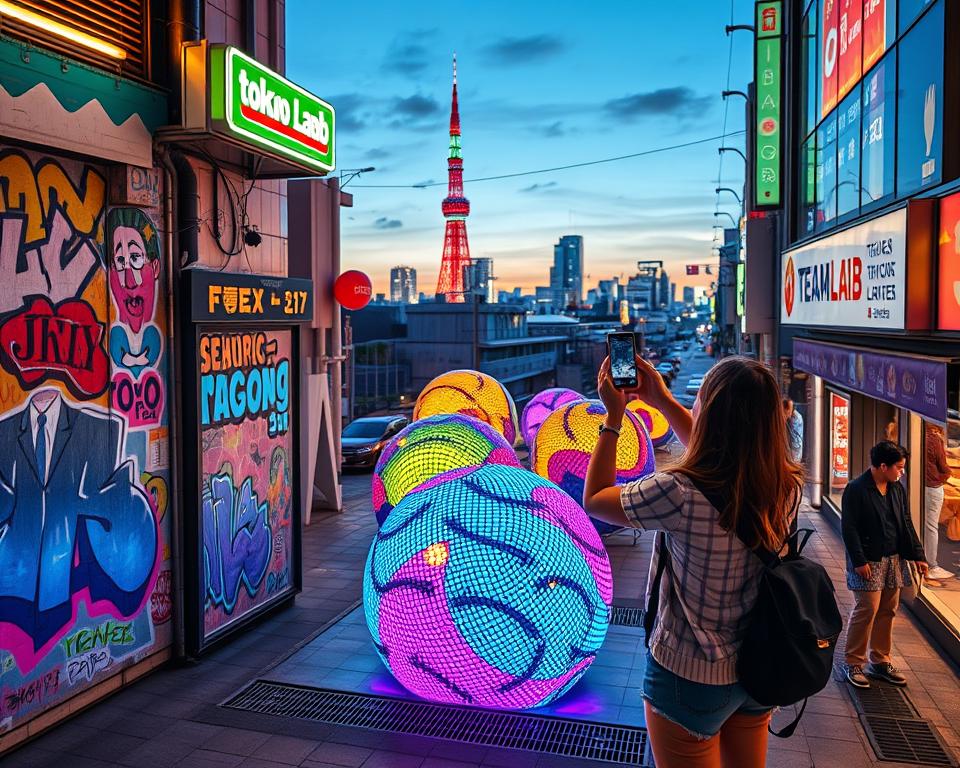 A vibrant and dynamic scene capturing popular Instagram spots in Tokyo, showcasing distinct elements of urban art and culture. In the foreground, a person dressed in stylish casual clothing takes a photograph with a smartphone, framed by colorful graffiti walls and illuminated neon lights. The middle section features eye-catching art installations, reminiscent of teamLab Planets, with interactive digital displays reflecting colorful patterns. The background showcases Tokyo's skyline at dusk, with soft ambient lighting casting a warm glow over the scene. The atmosphere is lively and inviting, emphasizing creativity and the joy of capturing memorable moments in this artistic urban environment. The composition should create a sense of exploration and excitement, encouraging viewers to imagine themselves in this vibrant locale. A vibrant and dynamic scene capturing popular Instagram spots in Tokyo, showcasing distinct elements of urban art and culture. In the foreground, a person dressed in stylish casual clothing takes a photograph with a smartphone, framed by colorful graffiti walls and illuminated neon lights. The middle section features eye-catching art installations, reminiscent of teamLab Planets, with interactive digital displays reflecting colorful patterns. The background showcases Tokyo's skyline at dusk, with soft ambient lighting casting a warm glow over the scene. The atmosphere is lively and inviting, emphasizing creativity and the joy of capturing memorable moments in this artistic urban environment. The composition should create a sense of exploration and excitement, encouraging viewers to imagine themselves in this vibrant locale.