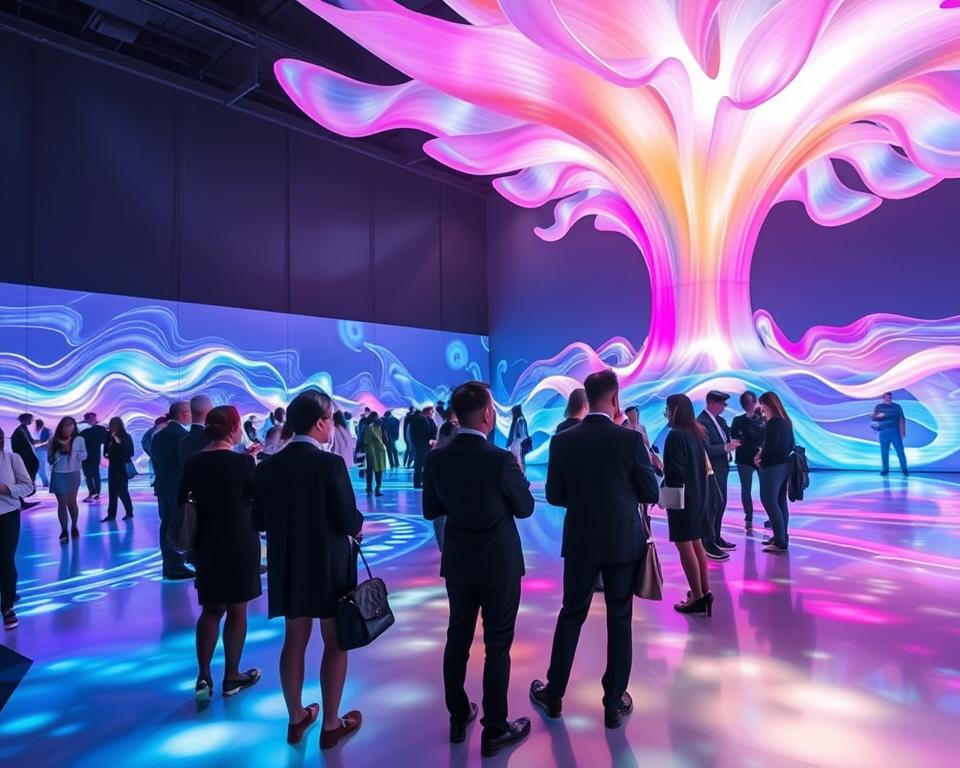 A vibrant and immersive scene inspired by the art of teamLab Planets in Tokyo. In the foreground, a group of well-dressed visitors in professional business attire, engaged in awe-inspiring interactions with an array of digital light displays and interactive installations. The middle ground features captivating, flowing light patterns in vivid colors reflecting off smooth surfaces, creating an ethereal ambiance. In the background, abstract digital art elements appear to explode upward, mimicking nature with dynamic and fluid shapes. Soft, diffused lighting bathes the entire scene, evoking a sense of wonder and creativity. The image captures an atmosphere of exploration and artistic inspiration, inviting viewers to consider the optimal outfit choices for experiencing this unique art environment. A vibrant and immersive scene inspired by the art of teamLab Planets in Tokyo. In the foreground, a group of well-dressed visitors in professional business attire, engaged in awe-inspiring interactions with an array of digital light displays and interactive installations. The middle ground features captivating, flowing light patterns in vivid colors reflecting off smooth surfaces, creating an ethereal ambiance. In the background, abstract digital art elements appear to explode upward, mimicking nature with dynamic and fluid shapes. Soft, diffused lighting bathes the entire scene, evoking a sense of wonder and creativity. The image captures an atmosphere of exploration and artistic inspiration, inviting viewers to consider the optimal outfit choices for experiencing this unique art environment.