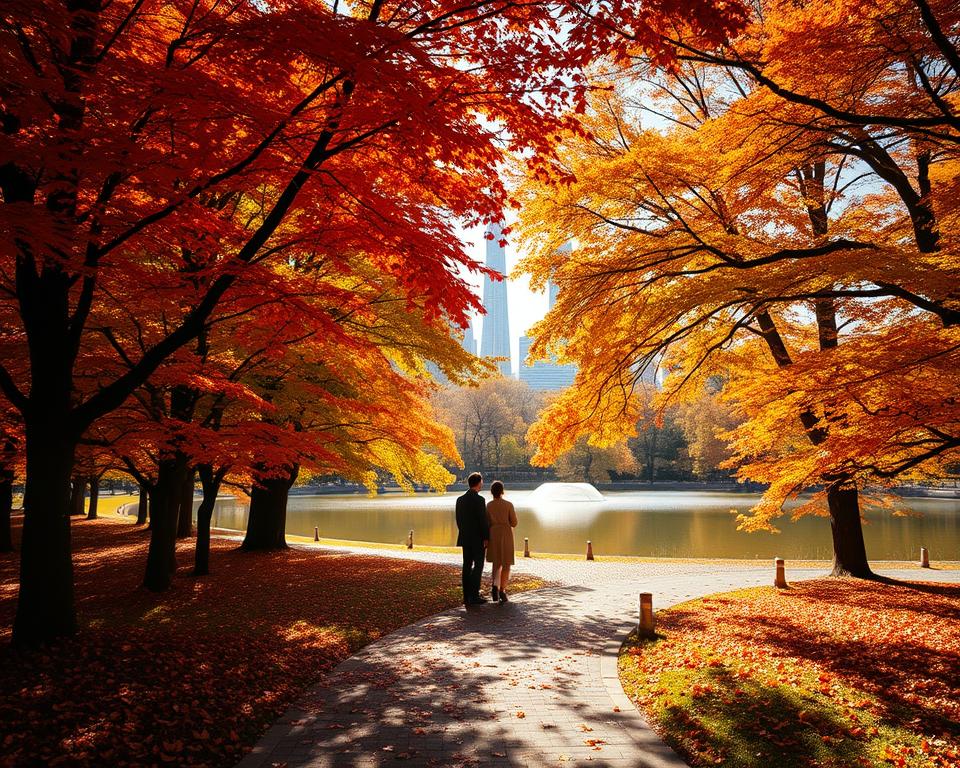 A vibrant autumn scene in Tokyo, capturing the exquisite fall foliage. In the foreground, a serene park path lined with maple trees displaying brilliant reds, oranges, and yellows. A soft carpet of leaves covers the ground, while gentle sunlight filters through the branches, creating dappled patterns on the path. In the middle ground, a tranquil pond reflects the colorful trees, with a couple dressed in modest casual clothing enjoying the view. In the background, the iconic Tokyo skyline peeks through the vibrant tree canopy, showcasing a blend of modern architecture and nature. The atmosphere is warm and inviting, evoking a sense of peace and beauty during the autumn months. The image should be captured with a warm color palette, soft focus, and a slight lens flare for a dreamy effect.
