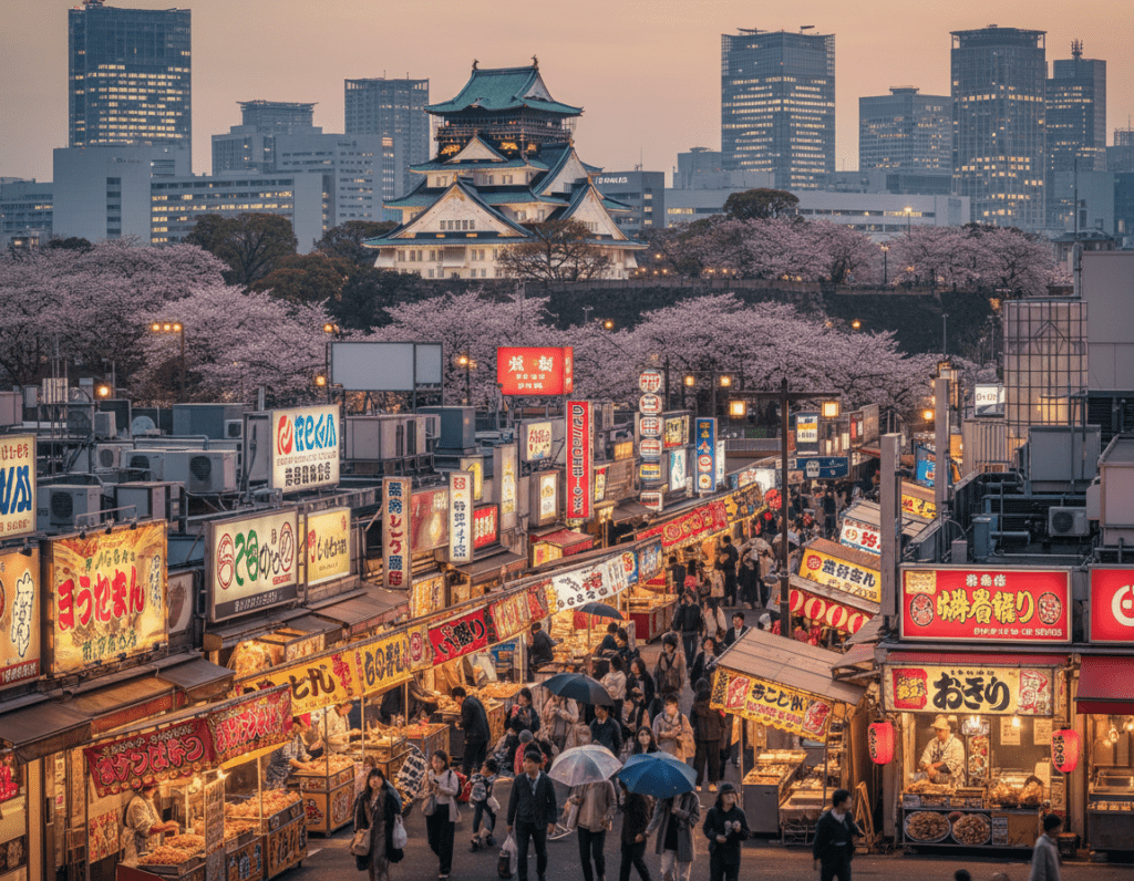 A vibrant cityscape of Osaka at twilight, showcasing a panoramic view of iconic landmarks. In the foreground, bustling street vendors in Dotonbori, serving street food like takoyaki and okonomiyaki, illuminated by colorful neon lights. The middle ground features the historical Osaka Castle, its majestic structure framed by cherry blossoms in bloom. The background reveals a skyline of modern skyscrapers, blending traditional and contemporary architecture. The scene is lit with a warm, inviting glow from the neon signs, creating a lively, chaotic atmosphere typical of Osaka's nightlife. The angle captures the dynamism of the city, inviting viewers to feel the energy of this Japanese metropolis.