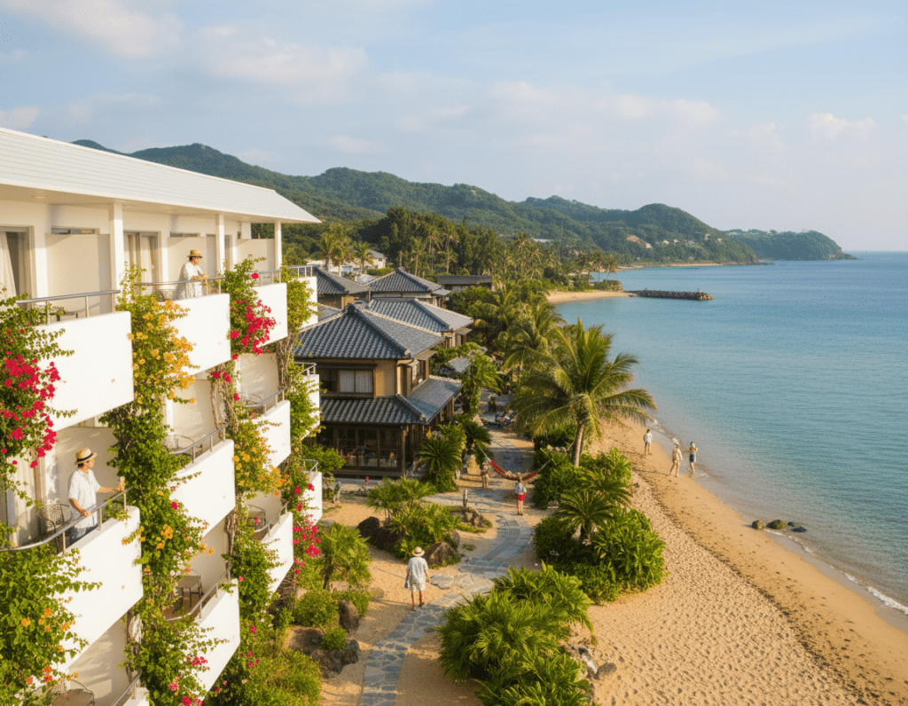 A vibrant coastal scene featuring a selection of hotels and guesthouses on Aka Island, showcasing diverse architectural styles from modern to traditional. In the foreground, a charming beachfront hotel with balconies adorned with colorful flowers overlooks golden sands and turquoise waters. The middle ground reveals a series of cozy guesthouses surrounded by lush greenery and palm trees, inviting guests to relax. In the background, gentle hills rise under a clear blue sky, with wispy clouds enhancing the serene atmosphere. Bright, natural sunlight bathes the scene, creating inviting shadows. The image captures a warm, welcoming mood, perfect for vacation planning, evoking a sense of tranquility and exploration. Include a few people in modest casual clothing enjoying the surroundings, emphasizing a friendly and relaxing environment.