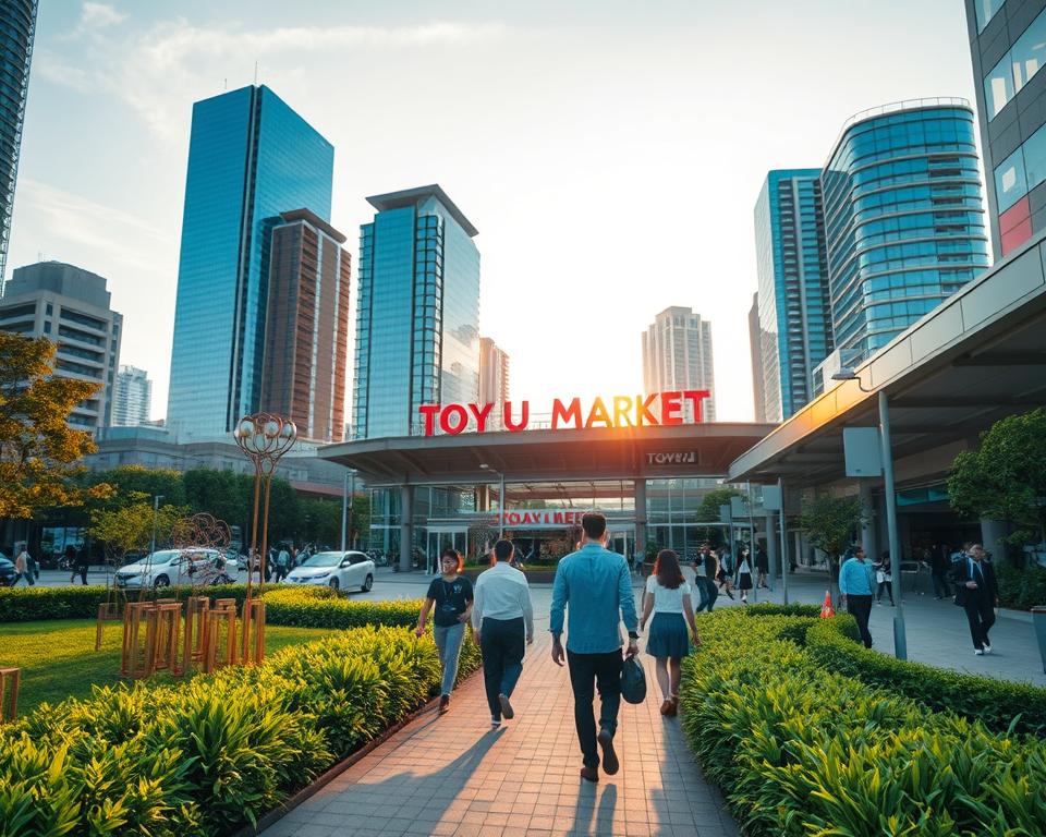 A vibrant scene capturing the essence of Toyosu, Tokyo, featuring the stunning skyline with modern architecture and the iconic Toyosu Market. In the foreground, a well-maintained urban pathway leading to the market's entrance, adorned with lush greenery and contemporary art installations, depicting an inviting atmosphere. The middle ground showcases people in professional business attire walking purposefully towards the market, representing the bustling urban life. In the background, the skyscrapers reflect the late afternoon sunlight, creating golden hues against the blue sky, enhancing the overall sense of excitement and connectivity. The image is captured from a slightly elevated angle, using a soft focus to highlight the lively interactions below while maintaining a clear view of the market structure. The scene conveys a warm and inviting mood, encouraging exploration and discovery. A vibrant scene capturing the essence of Toyosu, Tokyo, featuring the stunning skyline with modern architecture and the iconic Toyosu Market. In the foreground, a well-maintained urban pathway leading to the market's entrance, adorned with lush greenery and contemporary art installations, depicting an inviting atmosphere. The middle ground showcases people in professional business attire walking purposefully towards the market, representing the bustling urban life. In the background, the skyscrapers reflect the late afternoon sunlight, creating golden hues against the blue sky, enhancing the overall sense of excitement and connectivity. The image is captured from a slightly elevated angle, using a soft focus to highlight the lively interactions below while maintaining a clear view of the market structure. The scene conveys a warm and inviting mood, encouraging exploration and discovery.