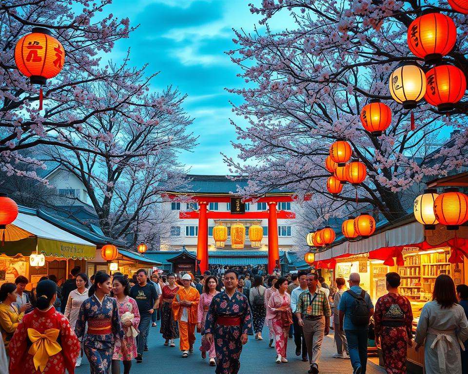 A vibrant scene depicting a traditional Matsuri festival in Japan, with colorful paper lanterns and ornate floats adorning the streets. In the foreground, diverse participants dressed in elegant yukatas and happi coats engage in lively dances, showcasing their cultural heritage. The middle ground features a bustling crowd, enjoying the festivities, while traditional food stalls offer delicious local delicacies. The background reveals an ancient shrine, its torii gate framed by cherry blossom trees in full bloom. Soft warm lighting from lanterns creates a magical twilight atmosphere, evoking a sense of celebration and community. The image captures the joyful spirit of Japanese festivals with an emphasis on vivid colors and dynamic movement, encapsulating the rich cultural traditions.