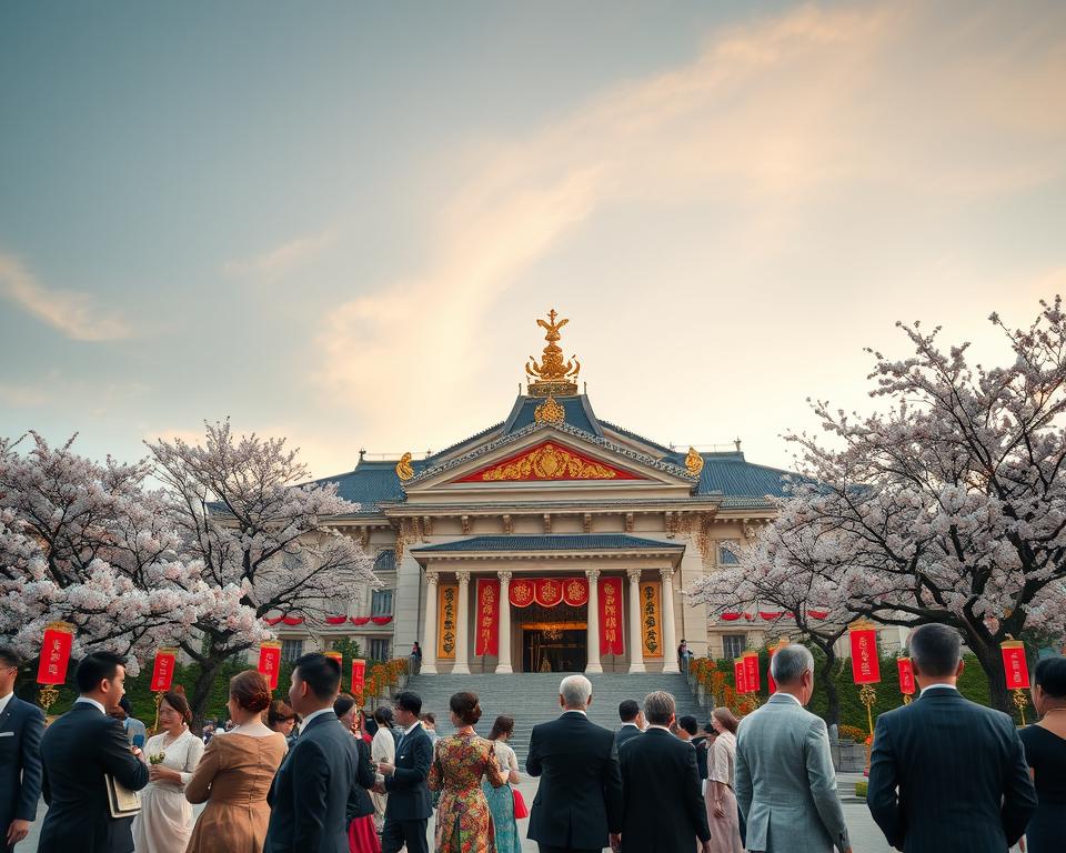 A vibrant scene depicting the celebration of the Emperor's Birthday in Tokyo, focusing on the Kaiserpalast, elegantly adorned with traditional decorations. In the foreground, a group of elegantly dressed individuals in formal attire engage in respectful festivities, displaying traditional Japanese customs. The middle ground features the majestic Kaiserpalast, its architectural beauty enhanced by festive banners and colorful flowers. In the background, gentle cherry blossom trees add a serene touch, while the sky is painted in soft hues of dawn, suggesting a sense of peace and joy. Use warm, inviting lighting to enhance the atmosphere, capturing a festive yet respectful mood. The angle should provide a slightly elevated view, showcasing the grandeur of the palace within the festive context. A vibrant scene depicting the celebration of the Emperor's Birthday in Tokyo, focusing on the Kaiserpalast, elegantly adorned with traditional decorations. In the foreground, a group of elegantly dressed individuals in formal attire engage in respectful festivities, displaying traditional Japanese customs. The middle ground features the majestic Kaiserpalast, its architectural beauty enhanced by festive banners and colorful flowers. In the background, gentle cherry blossom trees add a serene touch, while the sky is painted in soft hues of dawn, suggesting a sense of peace and joy. Use warm, inviting lighting to enhance the atmosphere, capturing a festive yet respectful mood. The angle should provide a slightly elevated view, showcasing the grandeur of the palace within the festive context.