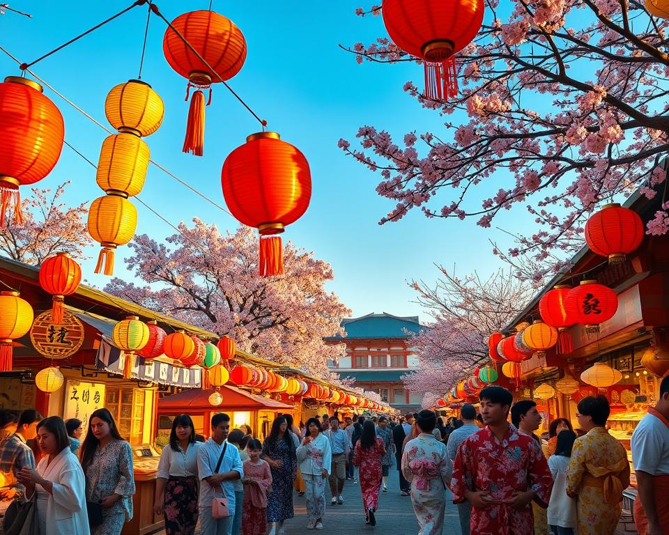 A vibrant scene depicting traditional Japanese festivals, showcasing a lively gathering with people in modest casual clothing participating in various rituals. In the foreground, colorful paper lanterns and ornate decorations fill the scene, reflecting the essence of celebration. Families and friends are seen engaging in activities such as wearing yukatas, enjoying festival food, and playing games, capturing a sense of community and joy. The middle ground features stalls selling traditional crafts and snacks, surrounded by cherry blossom trees in full bloom. In the background, a serene temple stands against a clear blue sky, adding to the cultural ambiance. The lighting is warm and inviting, evoking a festive atmosphere during the golden hour, with soft shadows enhancing the details of the scene. The overall mood is one of happiness, tradition, and cultural richness.