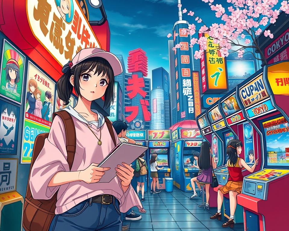 A vibrant scene illustrating the essence of Japanese pop culture, featuring diverse characters inspired by anime and manga. In the foreground, a fashionable young woman dressed in casual streetwear blends traditional elements with modern flair, holding a smartphone and a sketchbook. The middle layer showcases a bustling arcade filled with colorful game machines, with characters engaging in gaming and animation, surrounded by posters of popular anime series. The background features a stylized cityscape of Tokyo, with neon lights and cherry blossoms adding to the atmosphere. The scene is illuminated by warm, ambient lighting, reflecting a lively and inviting mood, captured from a slightly elevated angle to provide depth and vibrancy, encapsulating the energetic spirit of Japan's pop culture.