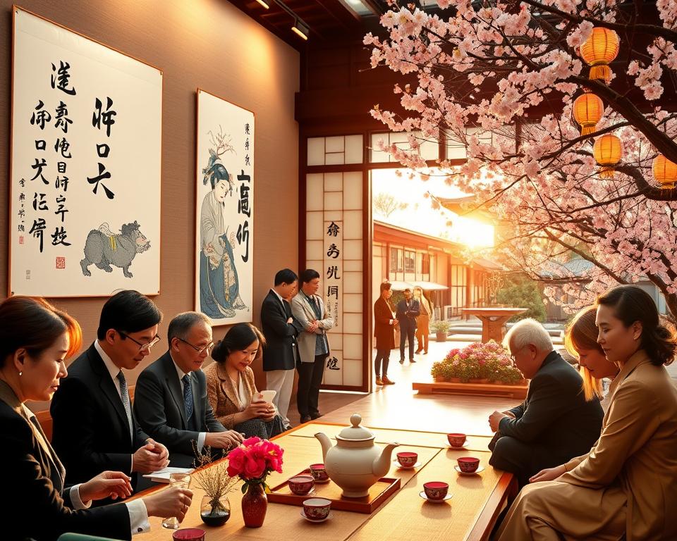 A vibrant scene showcasing the essence of Japanese culture in Germany. In the foreground, a group of diverse individuals dressed in professional attire and modest casual clothes engage in a traditional tea ceremony, surrounded by beautiful Japanese tea sets and delicate floral arrangements. In the middle, iconic Japanese calligraphy art hangs on the walls of a cozy museum space, with visitors admiring the intricate brushwork and cultural displays. The background features a serene Japanese garden with cherry blossom trees in full bloom, lanterns softly glowing as the sun sets, casting warm golden light throughout the scene. The atmosphere should feel inviting and harmonious, capturing the connection between Japanese culture and its appreciation in Germany.