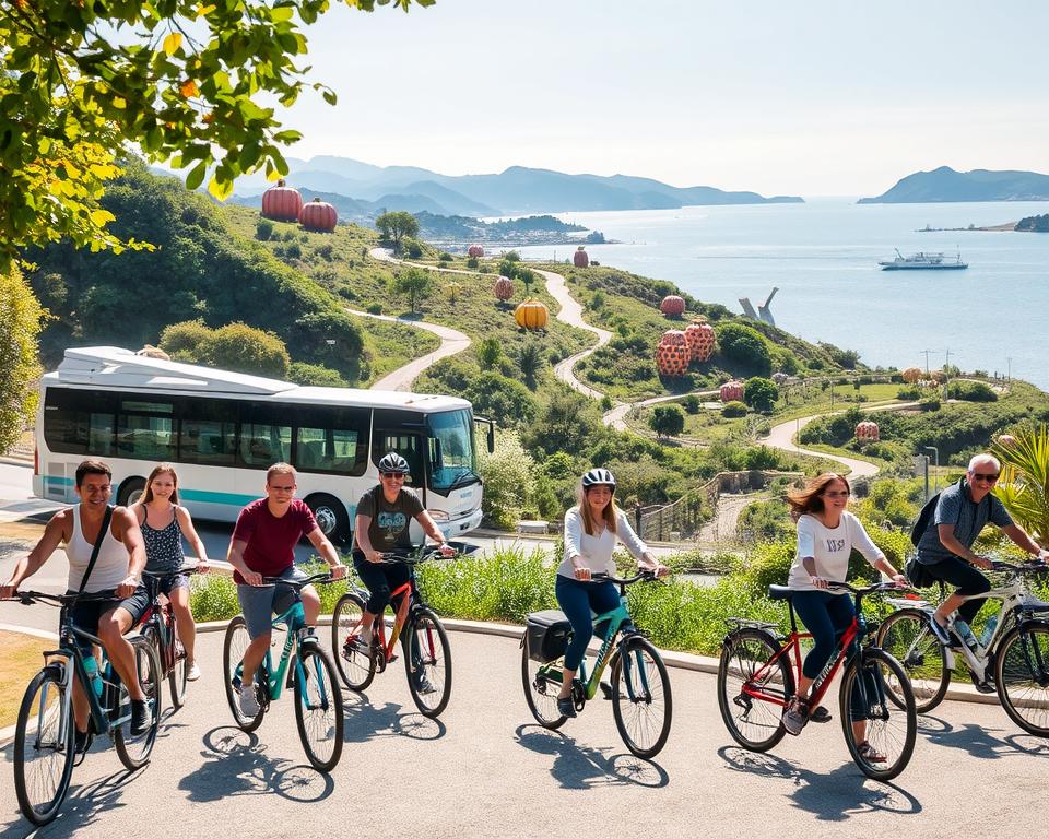 A vibrant scene showcasing the mobility options on Naoshima Island. In the foreground, a group of diverse individuals dressed in casual, comfortable clothing are exploring the area on bicycles and e-bikes, smiling and enjoying their ride. Just behind them, a public bus waits at a picturesque spot, surrounded by lush greenery and coastal views. In the middle ground, winding paths connect artistic installations that dot the landscape, illuminated by warm, soft sunlight filtering through leaves. The background features a serene bay with gentle waves, framed by hills and modern art structures like the iconic Yayoi Kusama pumpkins. The atmosphere is lively and inviting, capturing the essence of exploration and art on this unique island.