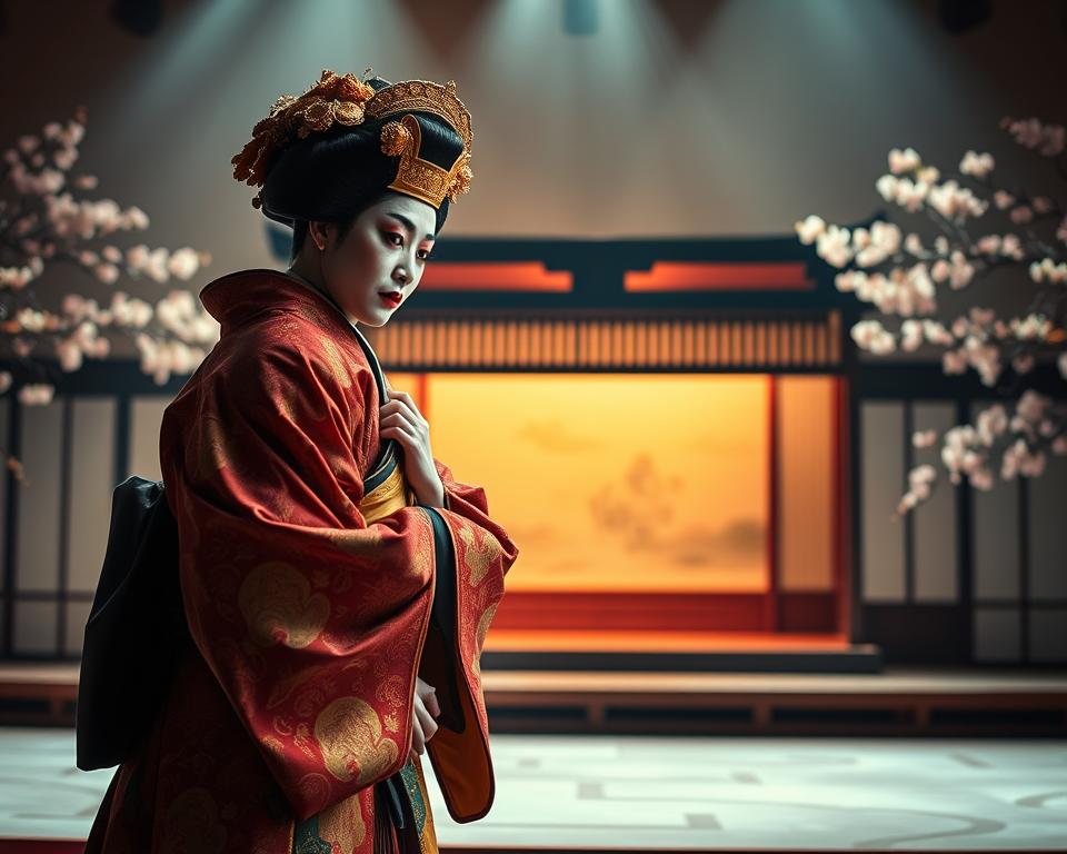 An elegant performance scene depicting traditional Japanese theater forms, such as Noh and Kabuki. In the foreground, a gracefully posed Kabuki actor in a vibrant, ornate costume, showcasing intricate patterns and expressive makeup. The middle ground features a minimalist Noh stage with its iconic wooden structure and delicate, painted backdrops, illuminated by soft, warm lighting that creates a serene atmosphere. The background includes subtle cherry blossom trees in soft focus, enhancing the cultural essence. The overall composition captures the rich traditions and timeless elegance of Japanese theater, inviting viewers to reflect on its historical significance. The image should evoke a sense of reverence and appreciation for the performing arts in Japan. An elegant performance scene depicting traditional Japanese theater forms, such as Noh and Kabuki. In the foreground, a gracefully posed Kabuki actor in a vibrant, ornate costume, showcasing intricate patterns and expressive makeup. The middle ground features a minimalist Noh stage with its iconic wooden structure and delicate, painted backdrops, illuminated by soft, warm lighting that creates a serene atmosphere. The background includes subtle cherry blossom trees in soft focus, enhancing the cultural essence. The overall composition captures the rich traditions and timeless elegance of Japanese theater, inviting viewers to reflect on its historical significance. The image should evoke a sense of reverence and appreciation for the performing arts in Japan.